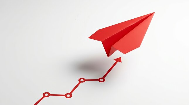 Innovative business planning and competitive success shown with a red paper plane and strategy graph.
