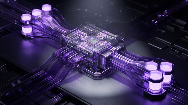 Close-up of a computer motherboard with integrated circuits and purple LED lighting in a tech environment
