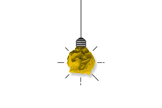 Hanging light bulb made by crumpled paper ball. Yellow paper ball shaped like a glowing lightbulb. Concept of business idea, startup and innovation. Vector.