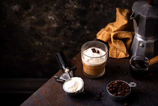 Italian coffee affogato with ice cream and espresso