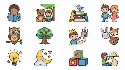 Obraz premium Minimalist Colorful Children s Set Featuring Reading Nature Imagination and Playful Learning Concepts