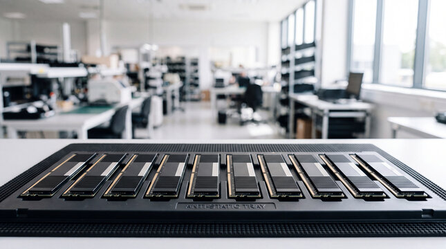 Multiple DDR RAM modules neatly arranged on an anti-static tray in a bright electronics workshop, highlighting high-performance storage manufacturing and testing