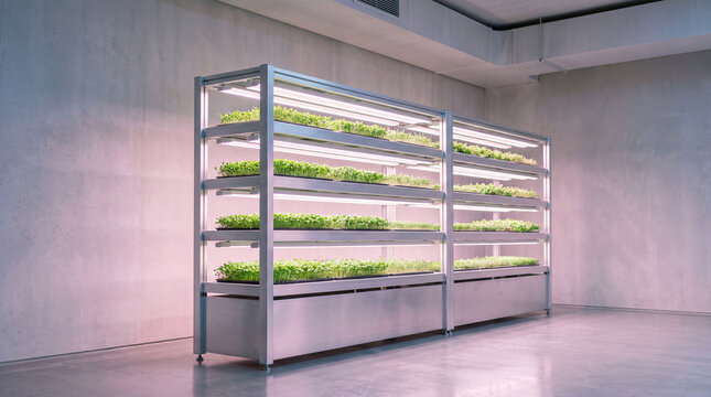 Modern indoor vertical farm rack lit by LED lights growing fresh microgreens using hydroponic systems, showcasing sustainable urban agriculture, tech-driven cultivation