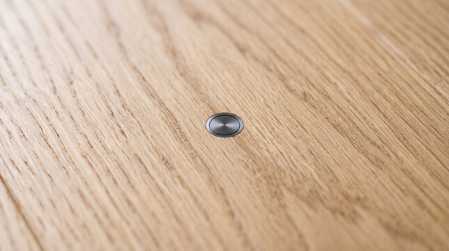 Minimal oak table surface with flush metal button detail closeup modern furniture design