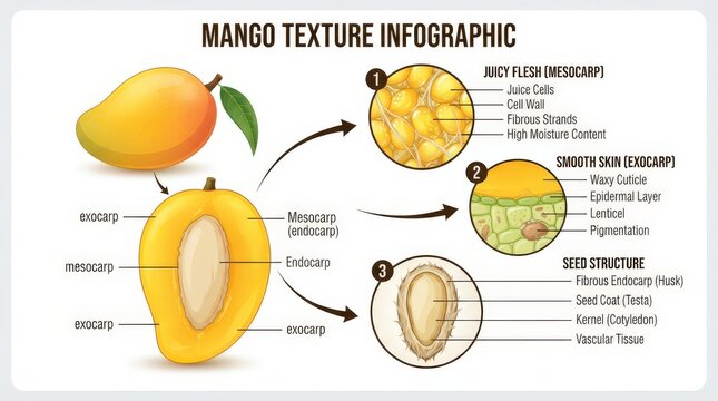 Mango fruit anatomy infographic showing internal texture and seed structure