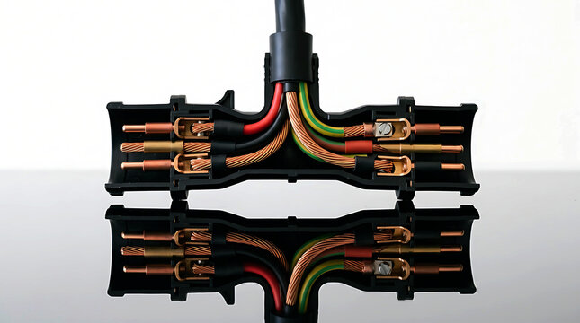 Cross section of a black electrical cable connector with copper wires inside.