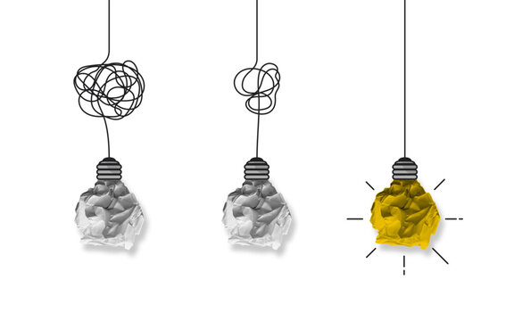 Hanging extinct light bulbs made by crumpled paper ball with knot tangled cable and one glowing with straight cord. Idea concept and choosing successful idea from many failed ones. Vector