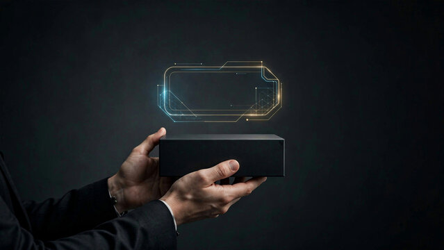 Person holding a black box with a glowing futuristic digital interface above it
