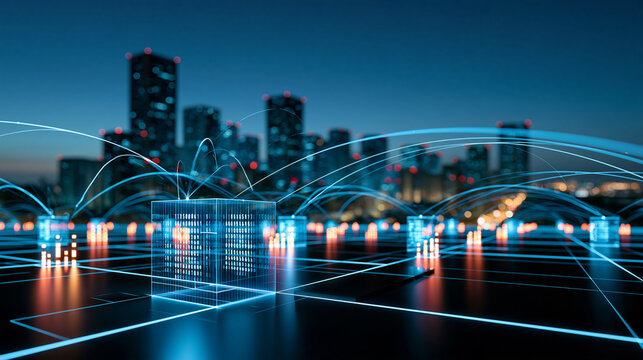 Futuristic city at night connected by luminous digital networks and financial data streams, smart city, global economy, fintech infrastructure, AI systems, digital connectivity,