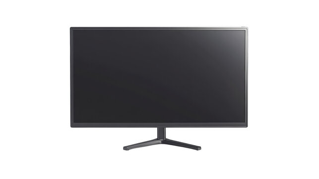 Computer monitor with a blank black screen stands isolated on a transparent background.