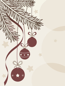 Christmas background with hanging ornaments and pine branches