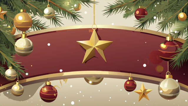 Christmas banner with gold ornaments and pine branches
