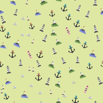 Nautical elements pattern with anchors, lighthouses, and boats