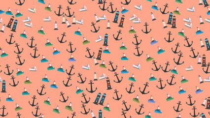 Nautical Pattern: Anchors, Sailboats, Lighthouses © vi
