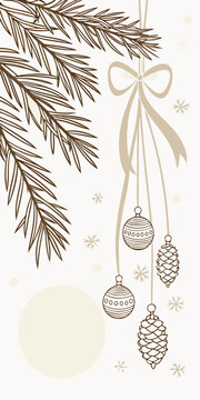 Minimalist Christmas illustration with pine branches and ornaments
