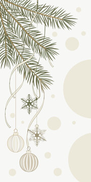 Elegant Christmas pine branches with hanging ornaments and snowflakes