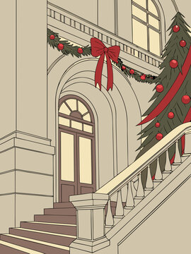 Elegant Christmas Decorations in a Classic Interior Hallway