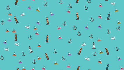 Seamless pattern of cartoon lighthouses, anchors, and sailboats © vi