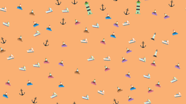 Nautical seamless pattern with boats, anchors, and lighthouses