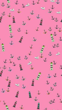 Pink nautical pattern with lighthouses, anchors, and sailboats
