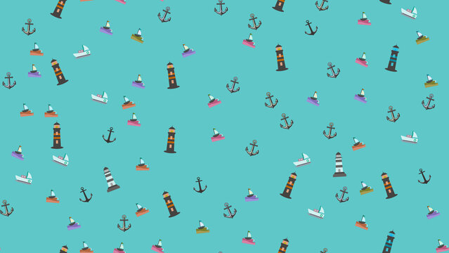 Seamless pattern of cartoon lighthouses, anchors, and sailboats