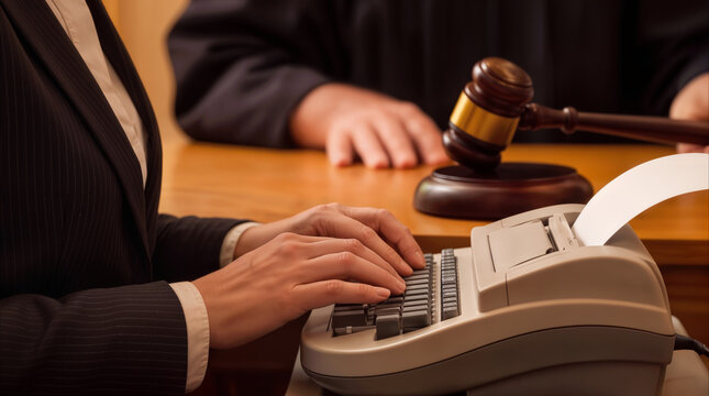 Court reporter typing on stenotype machine during legal proceeding. Stenographer documenting testimony in courtroom with judge holding gavel in background.