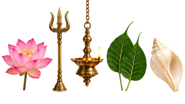 Traditional hindu worship symbols lotus trident brass lamp sacred leaves conch for durga puja diwali isolated on a transparent background