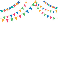 Obraz premium colorful layered party bunting garland overlay with multi-colored triangular and swallowtail flags isolated on white background for birthday, carnival, and festival frame border design