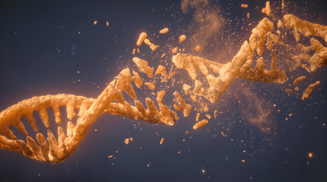 DNA double helix structure breaking apart into dust and fragments. Genetic mutation or cellular damage concept.