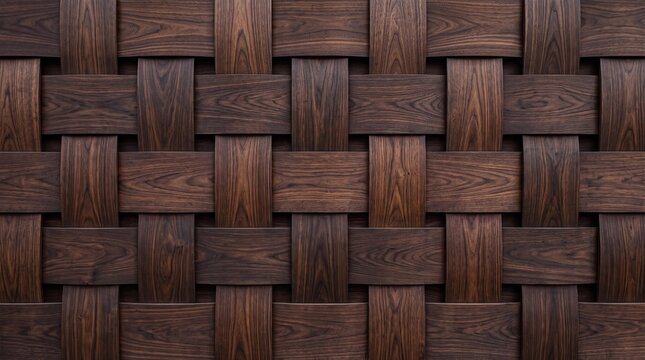 Dark wooden woven pattern with interlocking rectangular pieces and rich natural grain. Perfect for interior design, furniture, flooring, craftsmanship and natural material backgrounds.