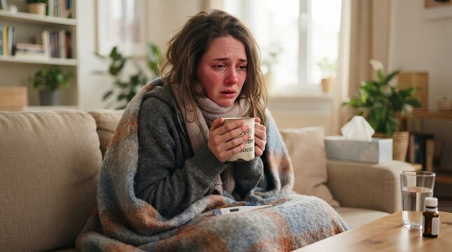Ill young woman sitting on couch wrapped in blanket holding a hot beverage and feeling very sick