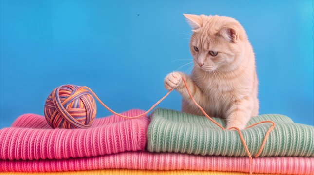 Ginger cat playing with yarn ball on stack of knitted sweaters. Domestic pet interacting with colorful wool thread against blue background.