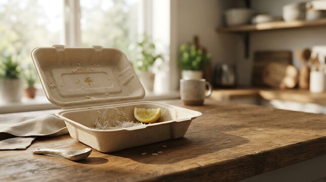 A 404 food concept showing an empty takeout container with leftover rice on a wooden kitchen table surface.