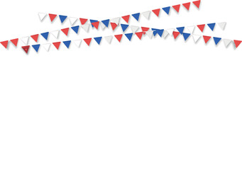 Fototapeta premium patriotic red, white, and blue party bunting garland overlay with triangular pennant flags isolated on white background for 4th of july, election, and victory celebration frame design