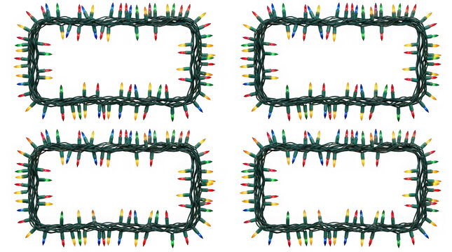 Four rectangular frames made of colorful christmas string lights isolated on transparent background