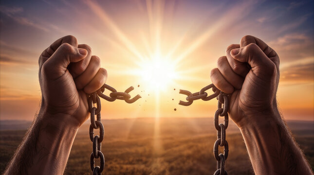 Breaking metal chains with bare hands against bright sunrise. Concept of freedom, liberation, and overcoming obstacles.