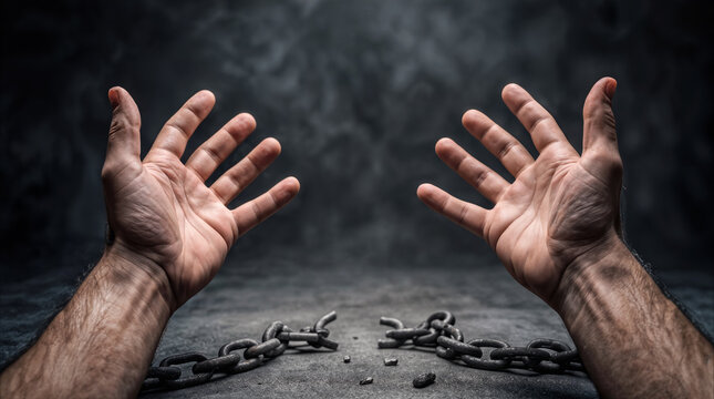 Broken metal chains on ground with hairy male hands reaching upward. Concept of liberation, freedom from captivity, and overcoming struggle.