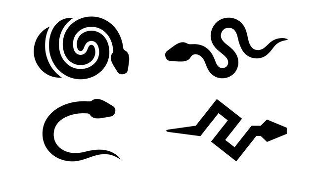 Minimalist snake silhouette icons, black serpent vector set, modern reptile logo elements, 4 abstract snake shapes for branding and tattoo design