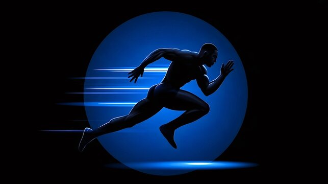 Athlete silhouette sprinting with blue glow and dynamic speed lines on dark background, conveying energy, acceleration, fitness, determination, motion and forward progress