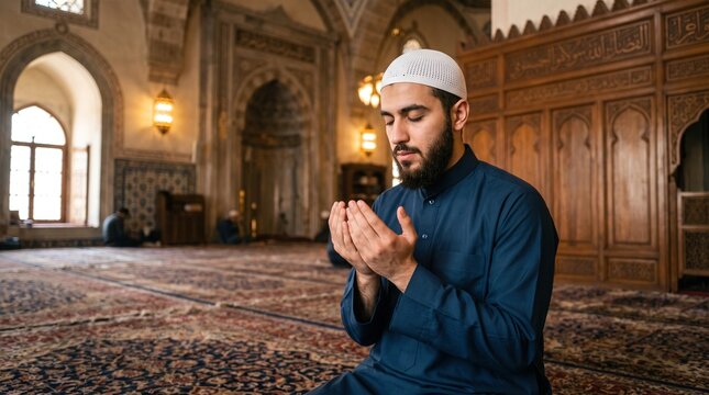 Muslim man praying with raised hands inside mosque. Young bearded believer in traditional clothing and cap worships peacefully.