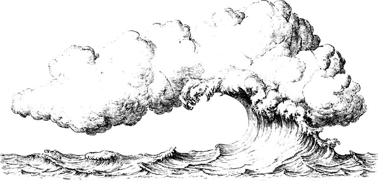 Antique engraving of a dramatic ocean wave with cloud crest isolated on white background for vintage background poster and tattoo design