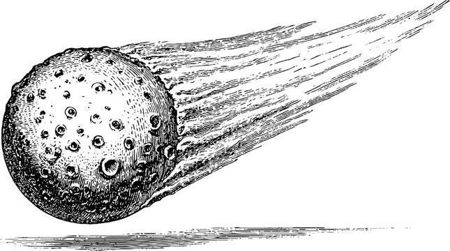 Antique engraved comet illustration with trailing tail isolated on white for vintage science poster background and celestial design use
