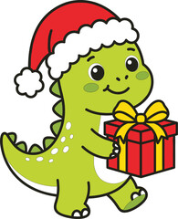 Cute cartoon dinosaur wearing a santa claus hat holding a christmas gift © Sharmin