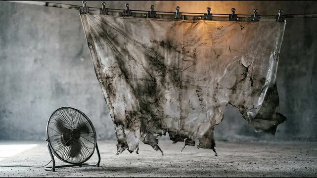 Floor fan billowing a translucent containment sheet with soot streaks a torn hem and clipped top edge