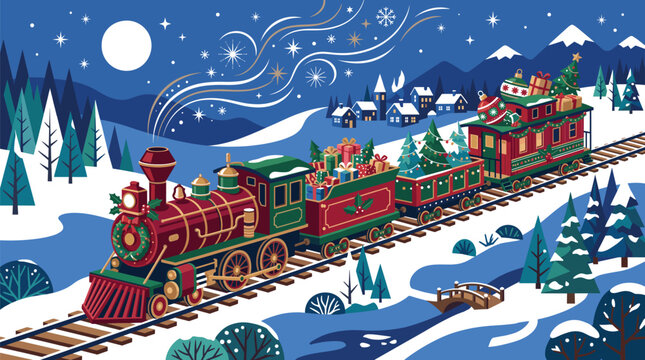 Christmas train with gifts and decorated trees traveling through a snowy winter landscape under a starry night sky with a full moon