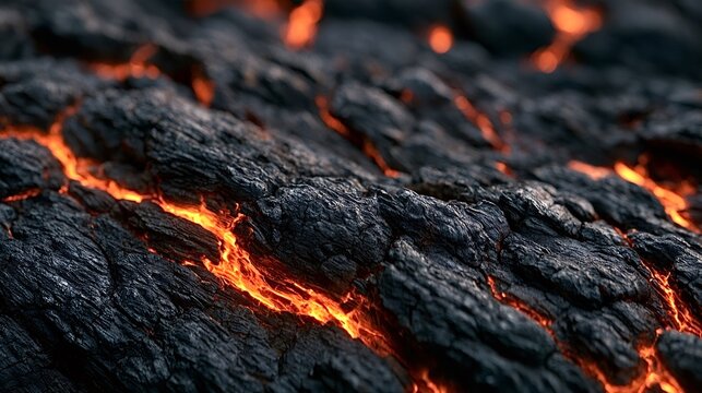 Molten lava flows intensely hot and bright orange through cracks in the textured, dark, and cooled volcanic rock creating a dramatic abstract pattern of extreme heat and geological activity