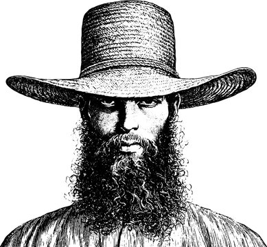 Antique engraving of a mennonite farmer portrait with wide brim hat and full beard for historical poster and educational background design