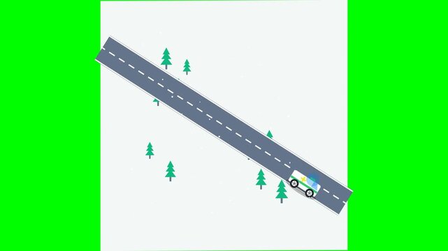 Colorful Vehicle Driving Along Scenic Sloped Road Surrounded By Green Trees Isolated Vector Illustration
