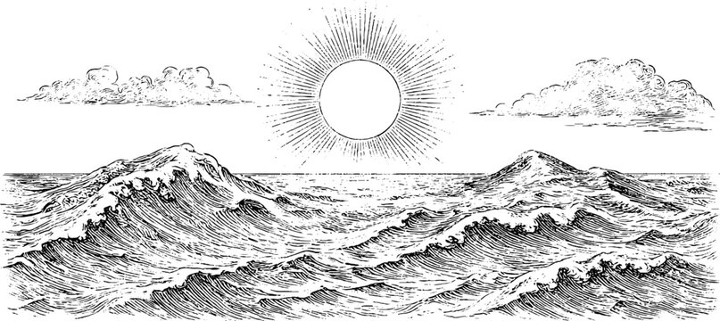 Antique engraved sunset over ocean waves isolated on white background for background and poster design