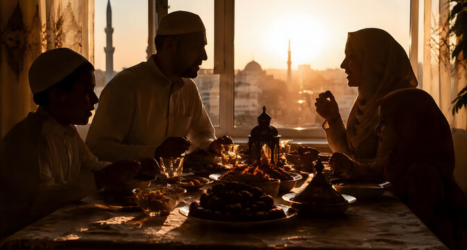 Family gathering for sunset dinner during ramadan with sunset meal iftar dinner family table muslim family evening meal dining table religious tradition home dinner traditional food meal time